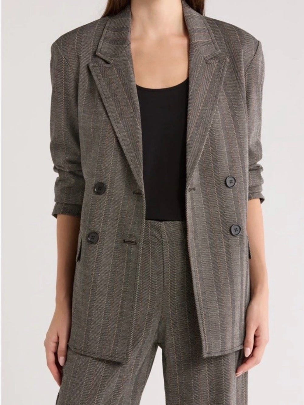 Tailored Double-Breasted Pinstripe Blazer in Brown/Black/Cognac